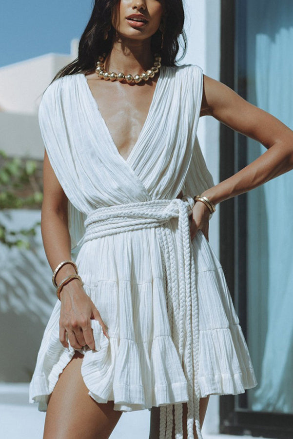 Glimpse of Happiness Linen Blend Draped Braids Belt Cover Up Mini Dress-consonak