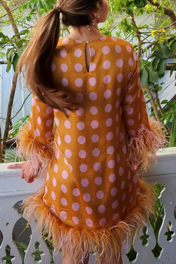 Playful and Cute Satin Polka Dot Print Half Sleeve Feather Trim H-line Mini Dress | Consonak