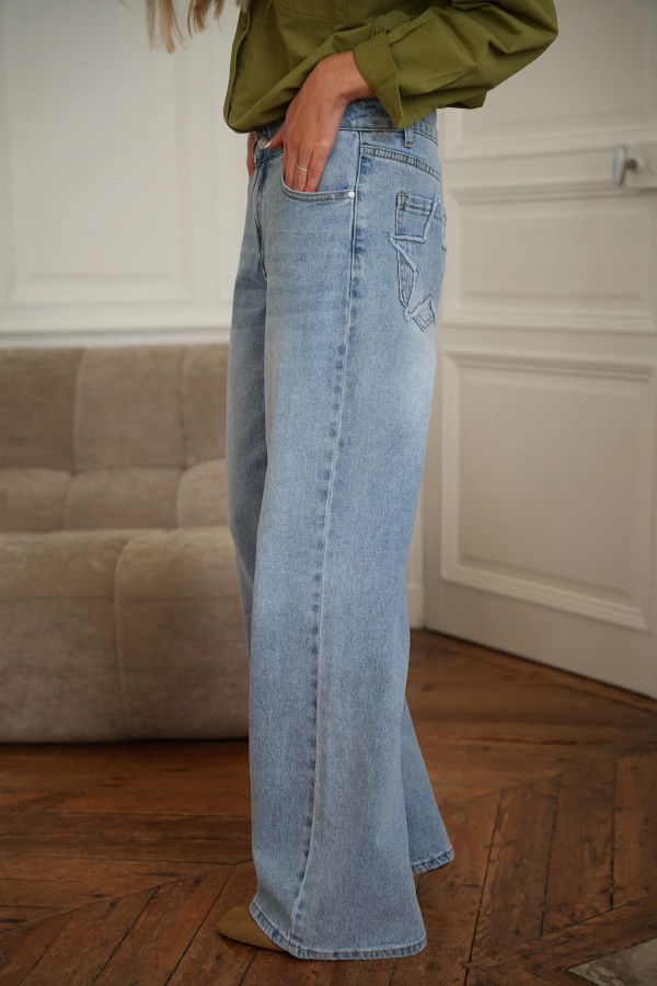 Stylish Denim Colorblock Star Patterned Mid Waist Pocket Wide Leg Jeans-consonak
