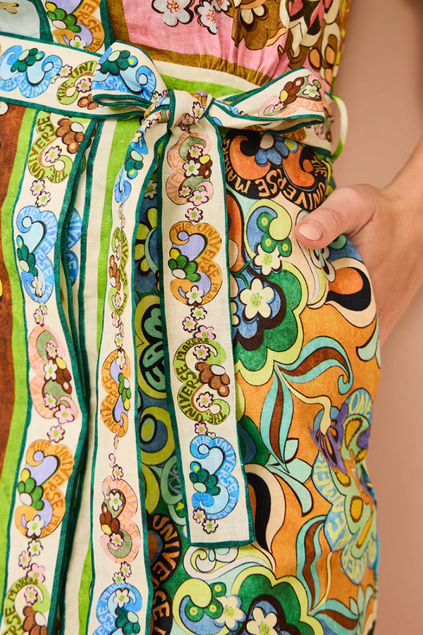 Sasha Linen Blend Unique Printed Shirt Style Tie-waist Mini Dress-consonak