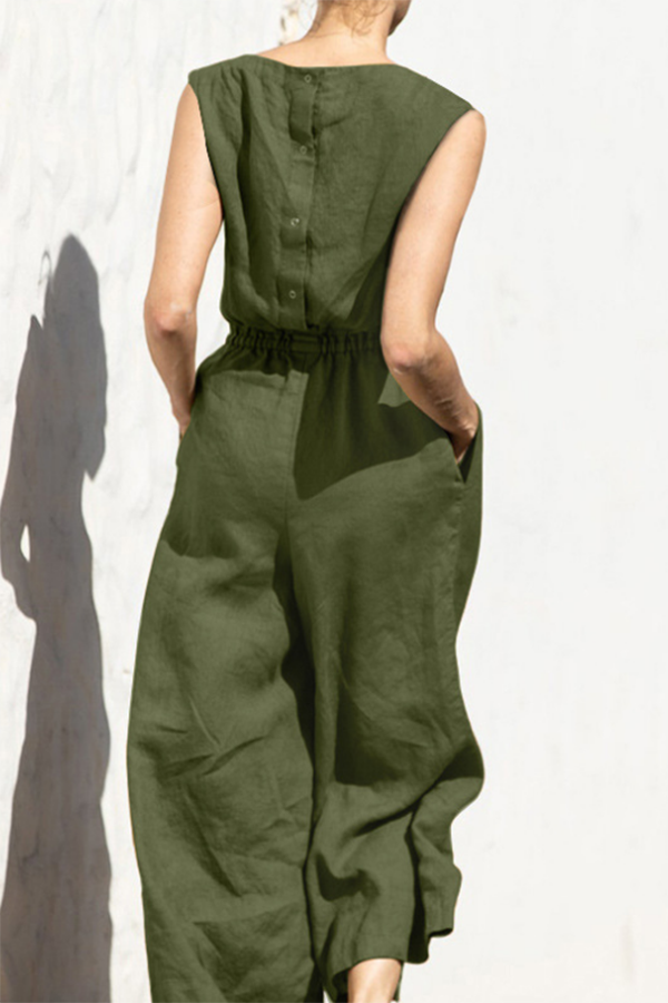 Fern Linen Blend Pocketed Button Back Elastic Waist Jumpsuit-consonak