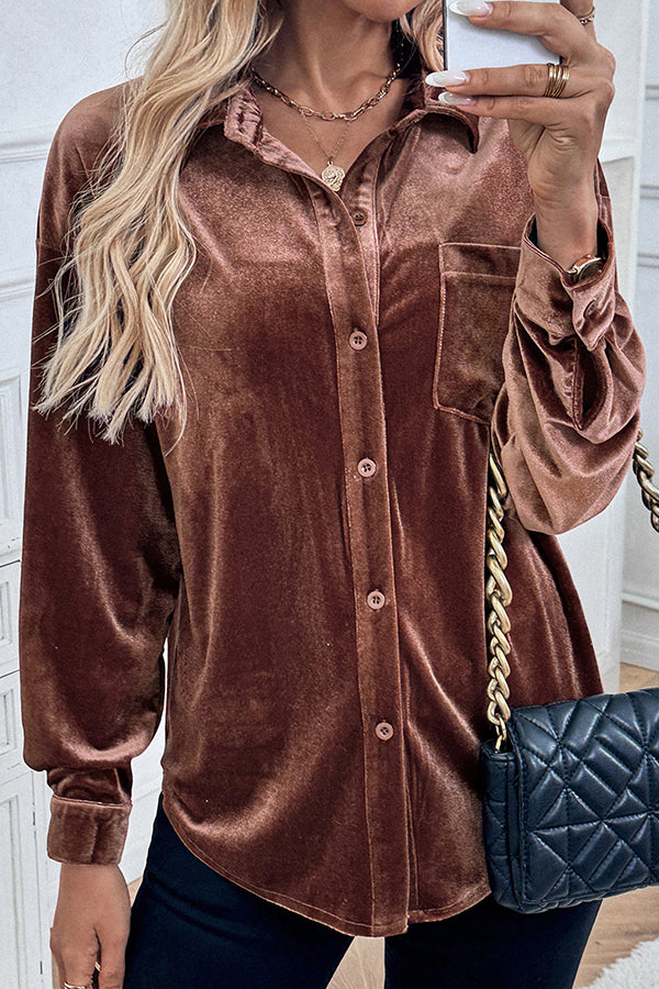 Solid Color Velvet Casual Lapel Pocket Loose Shirt-consonak