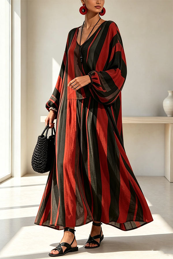 Vintage Striped Batwing Sleeve Long Set-Consonak