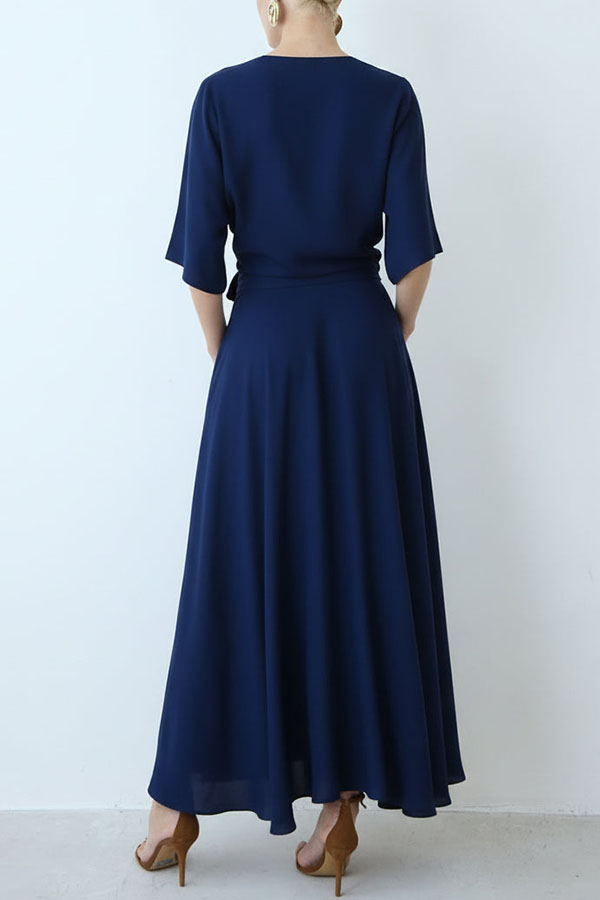 Modern and Elegant Satin Half Wide Sleeve Wrap Style Pocket Slit Loose Maxi Dress-consonak