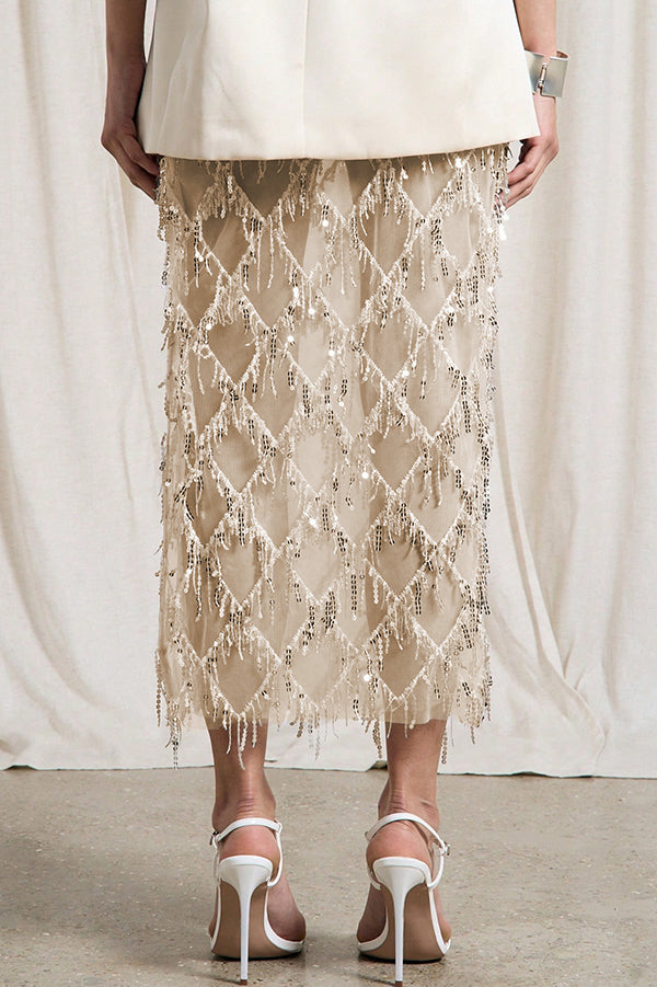 Fashionable Mesh See-through Sequined Tassel Midi Skirt | Consonak