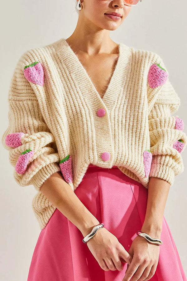 Stylish and Sweet V-neck Strawberry Embellished Knitted Cardigan-consonak