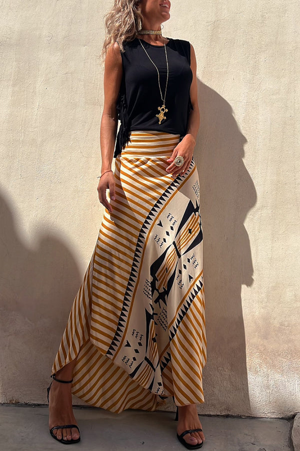 Eva Satin Geometric Print Elastic Waist Maxi Skirt | Consonak