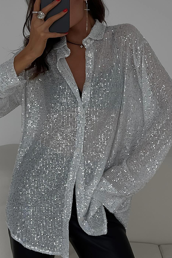 Fashion Sequin Lapel Long Sleeve Loose Shirt-consonak