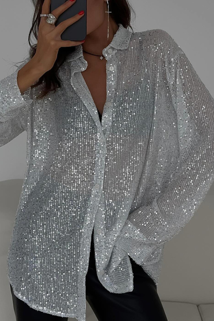 Fashion Sequin Lapel Long Sleeve Loose Shirt-consonak