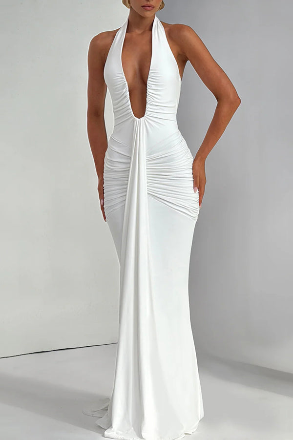 Solid Color Elegant Halterneck V-neck Open Back Tie Gathered Maxi Dress | Consonak