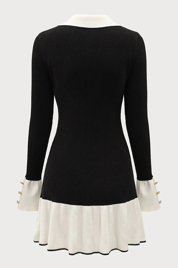 Stylish Color-blocked Long-sleeved Button-decorated Knitted Mini Dress-consonak
