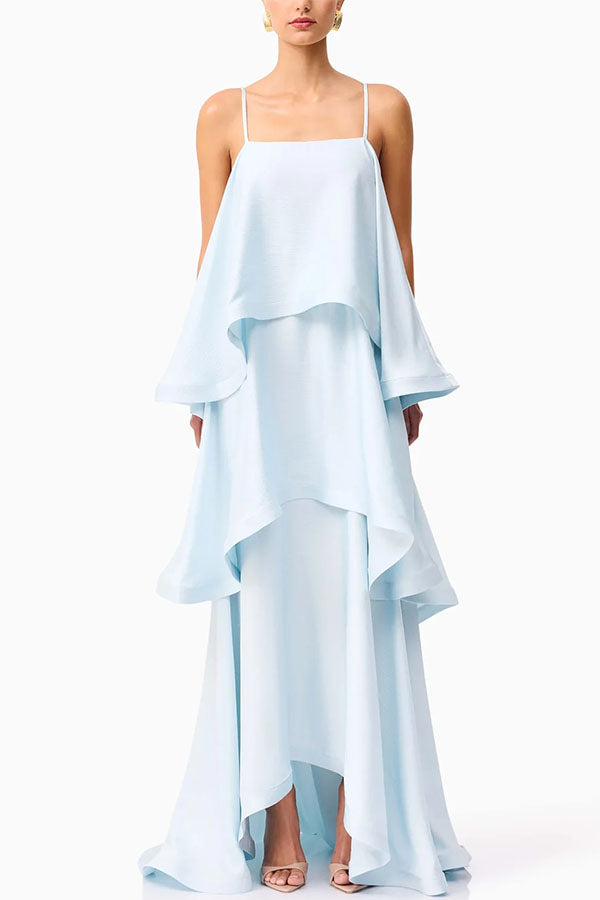 Soft and Smooth Satin Tiered Slip Square Neck A-line Maxi Dress | Consonak