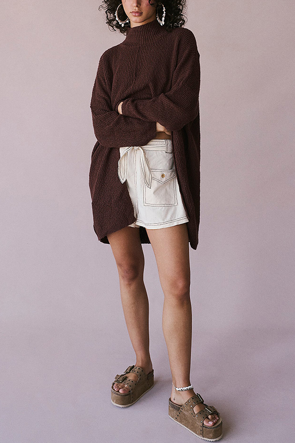 Solid Color Long Sleeve Slit Knitted Sweater-consonak