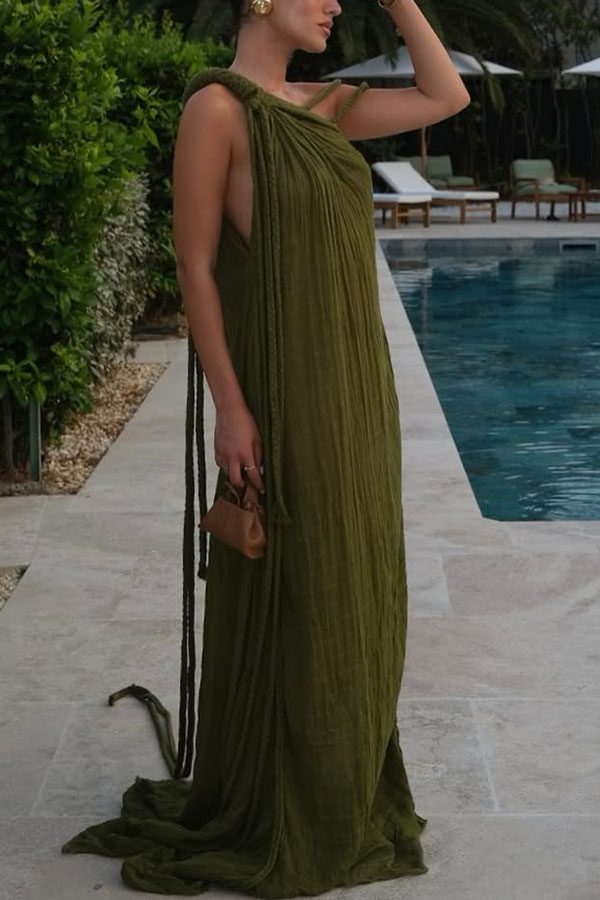 Khloe Linen Blend One Shoulder Draped Braids Cover Up Maxi Dress-consonak