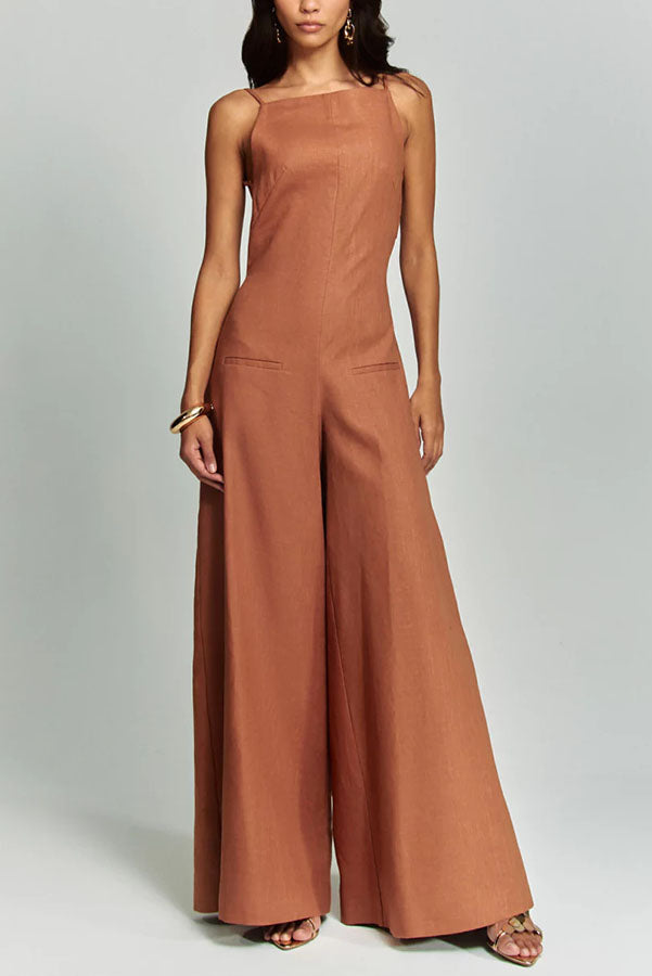 Kelso Linen Blend Square Neck Pocketed Backless Wide Leg Jumpsuit | Consonak
