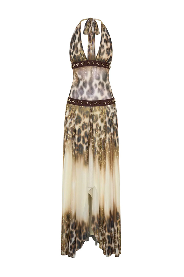 Wild Charm Gold Leopard Print Beaded Patchwork Halter Backless Maxi Dress-consonak