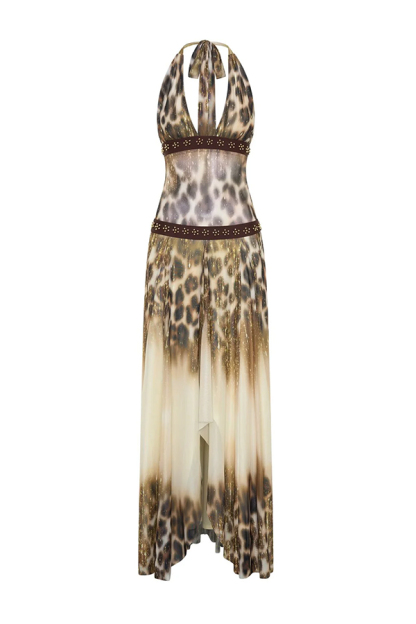 Wild Charm Gold Leopard Print Beaded Patchwork Halter Backless Maxi Dress-consonak