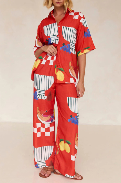 Unique Printed Casual Shirt and Elastic Waist Pants Set-consonak