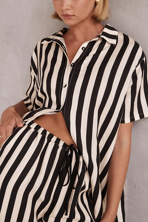 Erika Striped Casual Shirt and Elastic Waist Pocket Wide Leg Pants Set-consonak
