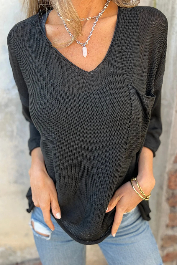 Autumn and Winter Knit V-neck Long Sleeve Pocket Casual Sweater-consonak