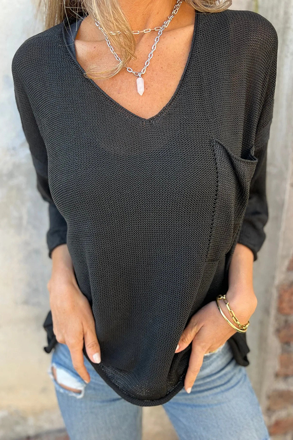 Autumn and Winter Knit V-neck Long Sleeve Pocket Casual Sweater-consonak