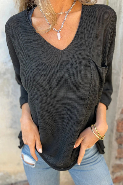 Autumn and Winter Knit V-neck Long Sleeve Pocket Casual Sweater-consonak