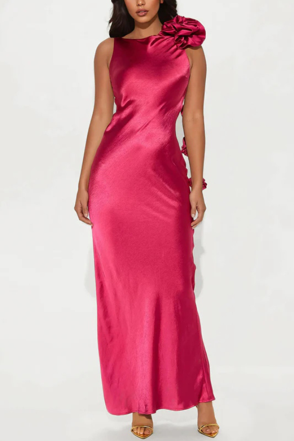 Satin Floral Embellishment Backless Elegant Slim-fit Maxi Dress-consonak
