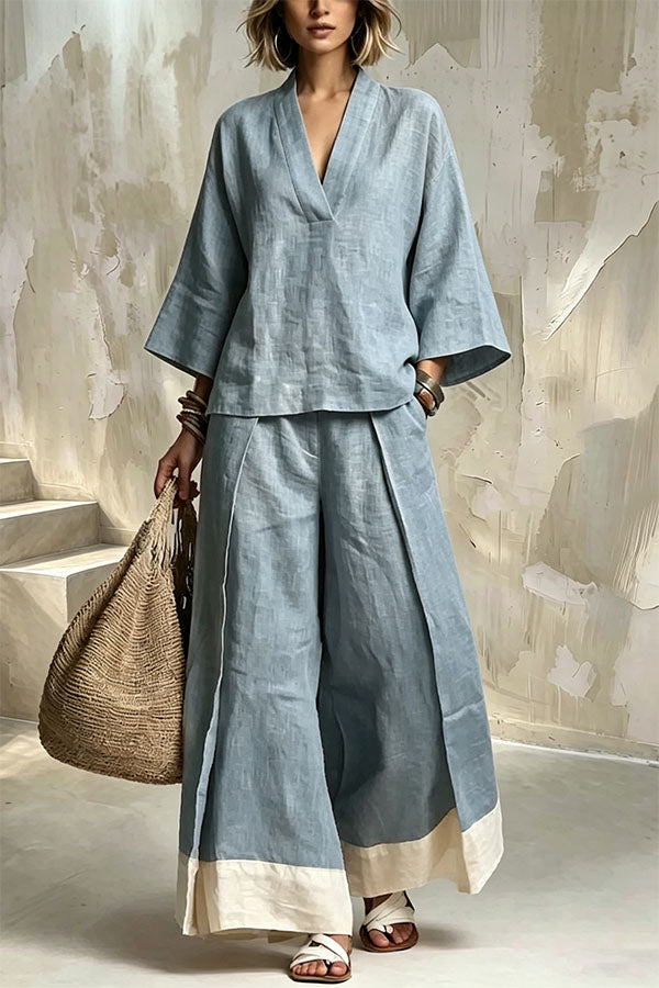 Minimalist V-Neck Linen Co-ord Set-Consonak