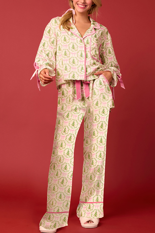 Christmas Printed Velvet Lace-up Long-sleeve Pocket Top and Elastic Waist Wide-leg Pants Set-consonak