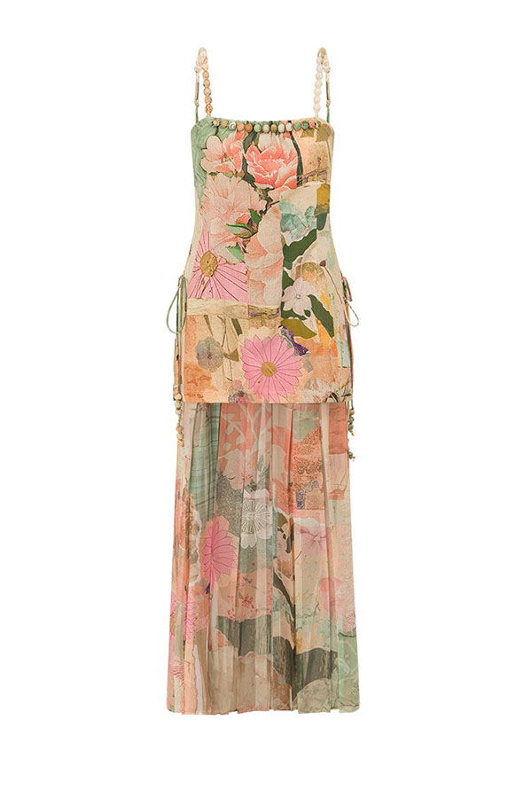 Catalana Linen Blend Artistic Printed Bead Detail Pleated Hem Maxi Dress-consonak