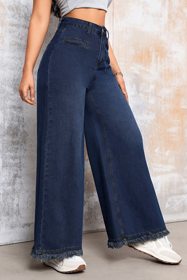 Stylish Loose-fitting Frayed Hem Casual Pocket Wide-leg Jeans