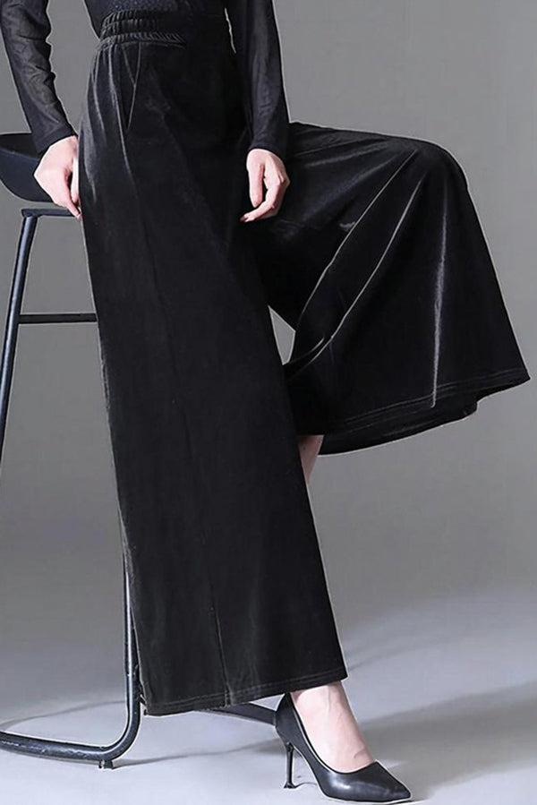 Fashionable Velvet Loose-fitting Casual Elastic Waist Pocket Straight Leg Pants-consonak