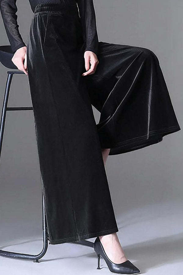 Fashionable Velvet Loose-fitting Casual Elastic Waist Pocket Straight Leg Pants-consonak
