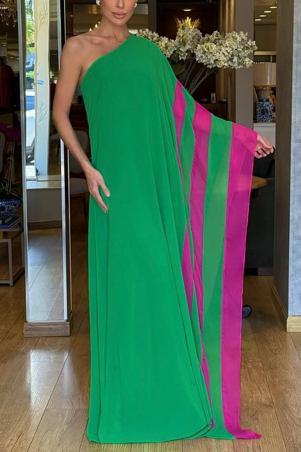 Fashionable Vacation Chiffon Color-blocked One Shoulder Loose Maxi Dress-consonak