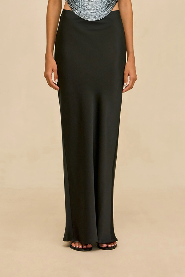 Keep Polished Satin High Rise Bias Cut Drape Maxi Skirt