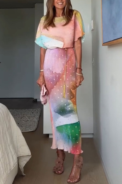 Rudi Pleated Metallic Fleck Print Wide Neck Elastic Waist Midi Dress-consonak