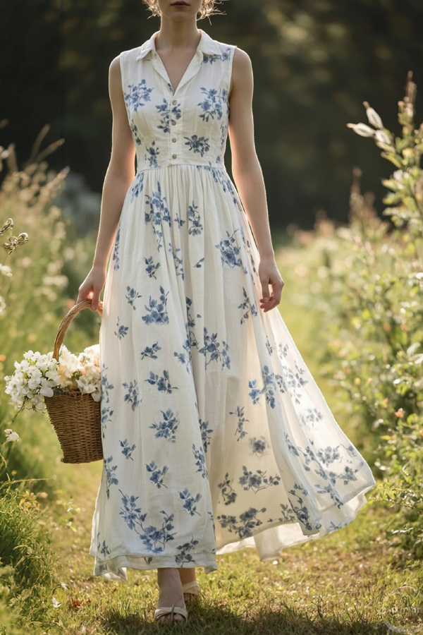 Floral Print Collared Sleeveless High-waisted Maxi Vacation Dress