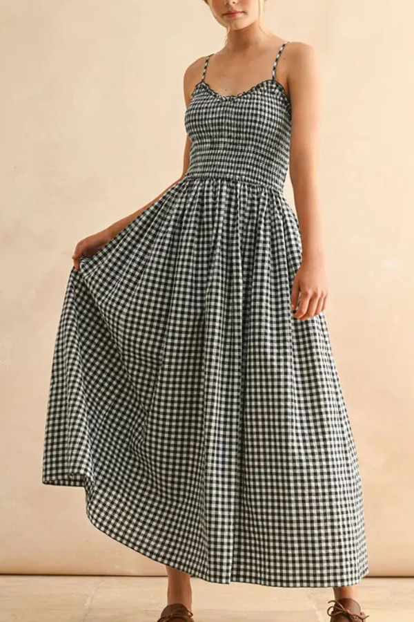Stylish Plaid Print Spaghetti Strap Ruched Casual Pocket Maxi Dress | Consonak
