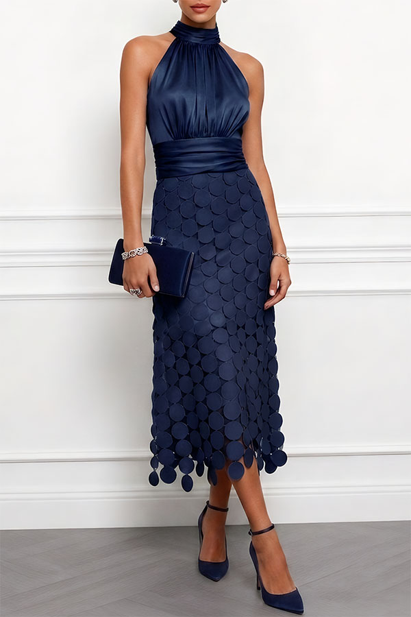 Janice Satin Ruched Halter Neck Sleeveless Embroidered Polka Dot Hem Midi Dress | Consonak
