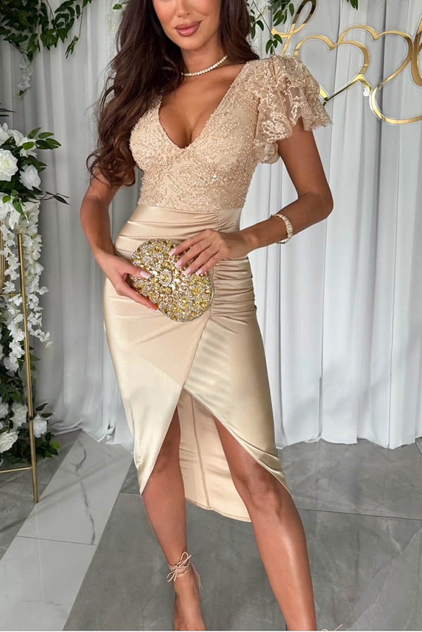 Dreamy Luxury Lace and Satin Patchwork Ruffle Sleeve Ruched Midi Dress | Consonak