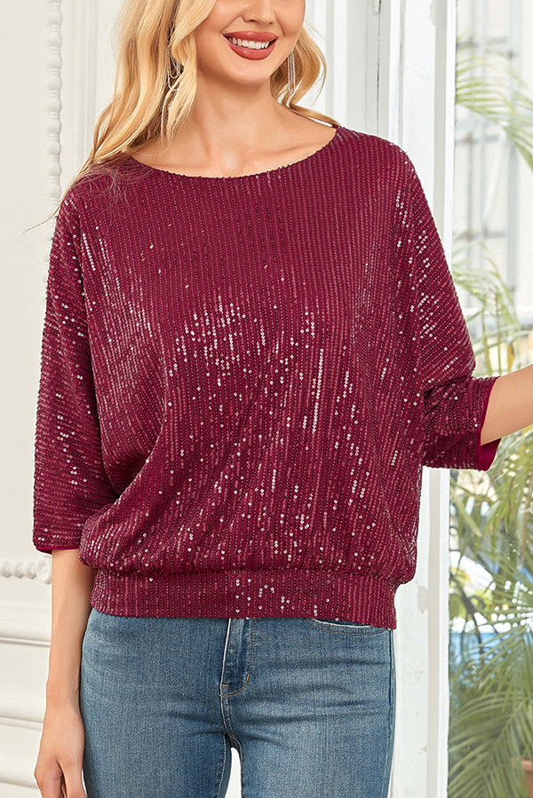 Solid Color Sequined Loose Round Neck Casual Top-consonak