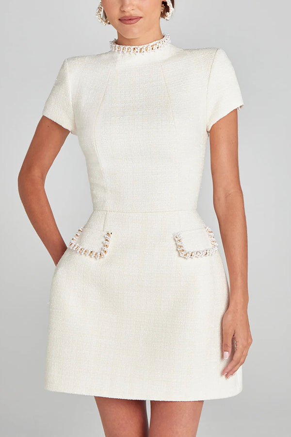 Exquisite and Playful Tweed Fabric Pearl Trim Short Sleeve Pocketed Mini Dress-consonak