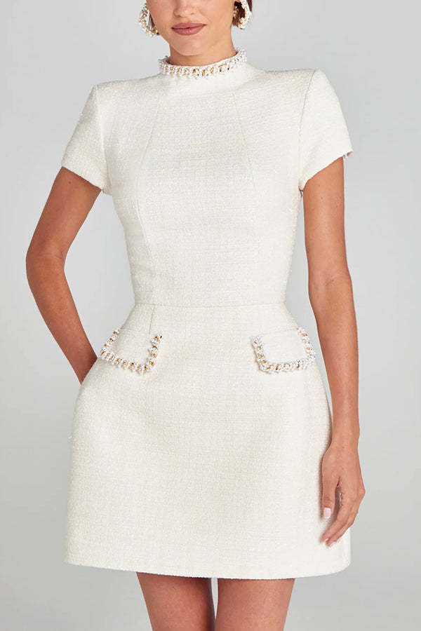 Exquisite and Playful Tweed Fabric Pearl Trim Short Sleeve Pocketed Mini Dress-consonak