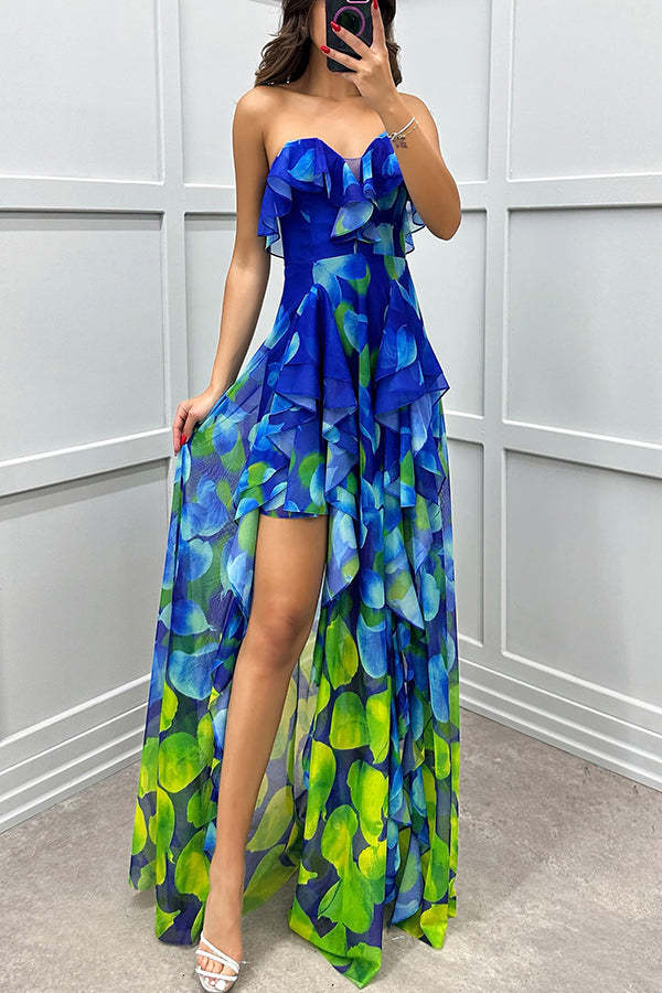 Fashionable party gradient unique printed flowing layered pleated strapless slim fit long skirt-consonak
