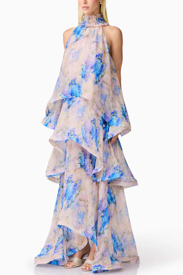 Briony Georgette Fabric Floral Print Pleated High Neck Tiered A-line Maxi Dress