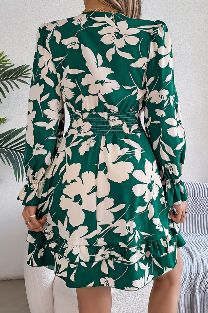 Floral Print V-neck Lace-up Long-sleeve Elastic Waist Mini Dress-consonak