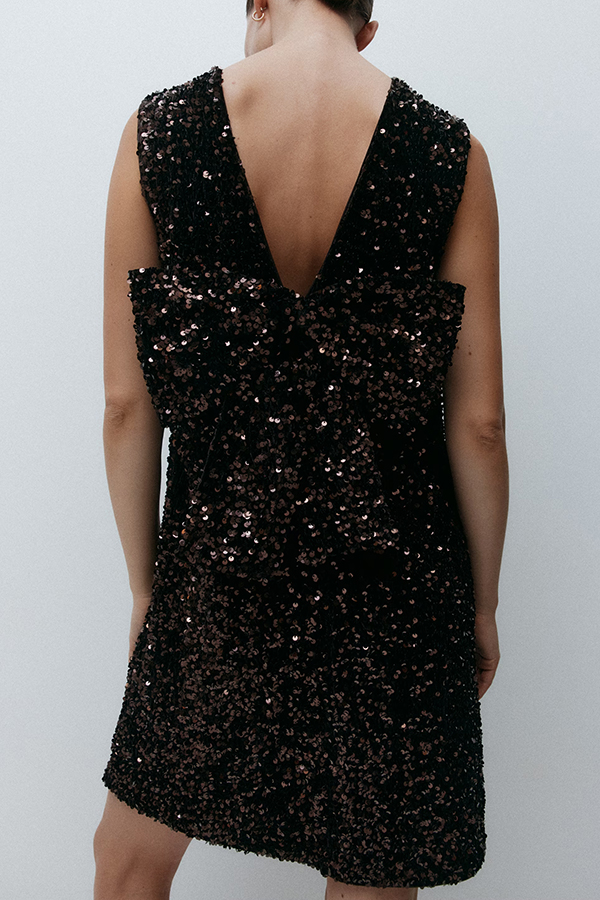 Glam Season Velvet Sequin Back Oversized Bow Design Sleeveless Loose Mini Dress-consonak