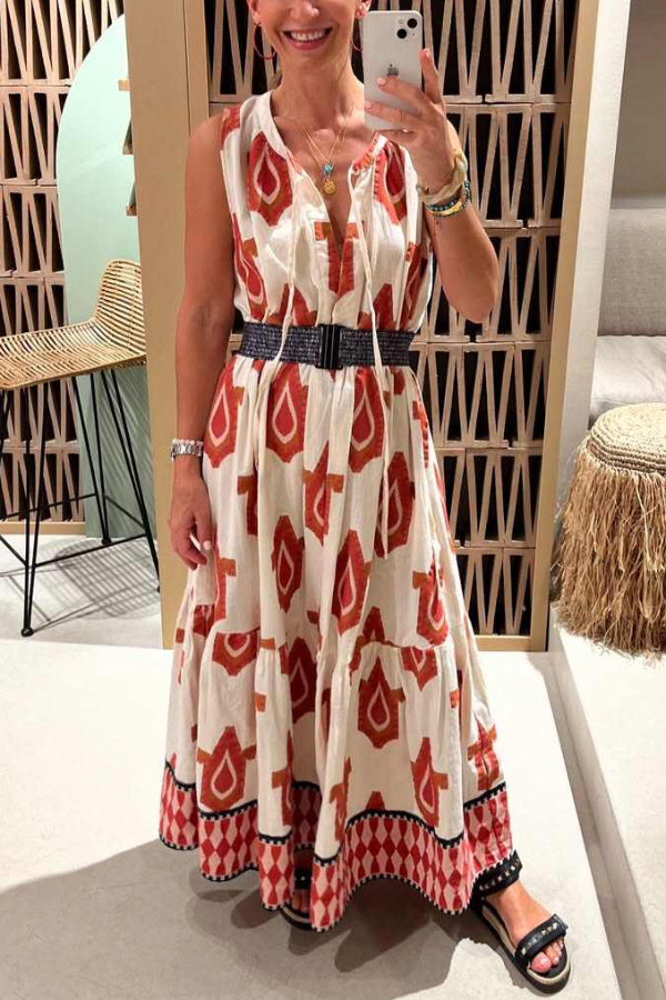 Unique Printed Round Neck Tie Sleeveless Holiday Maxi Dress