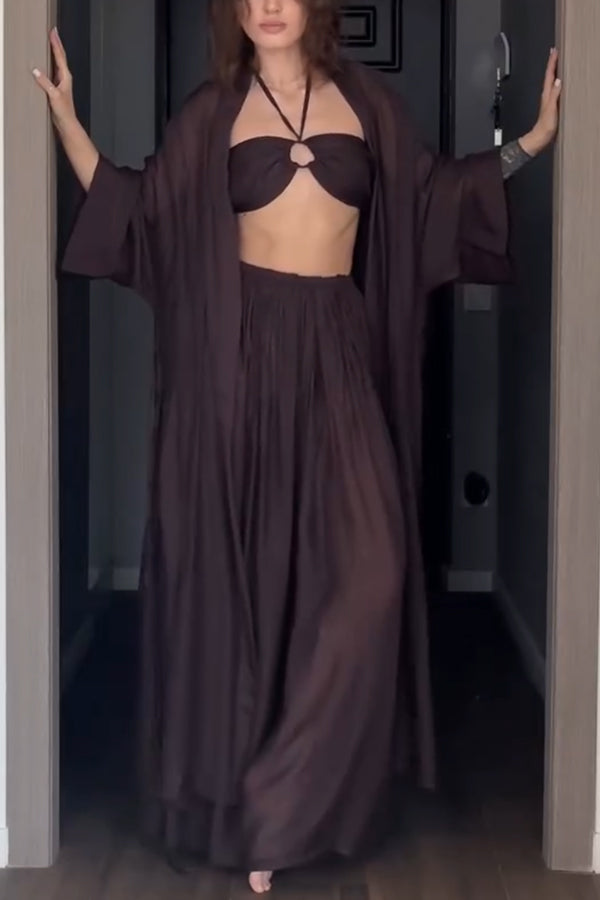 Flowy Linen Blend Halter Tank & Elastic Waist Tie-up Wide Leg Pants & Kimono Cover-Ups 3pieces Set