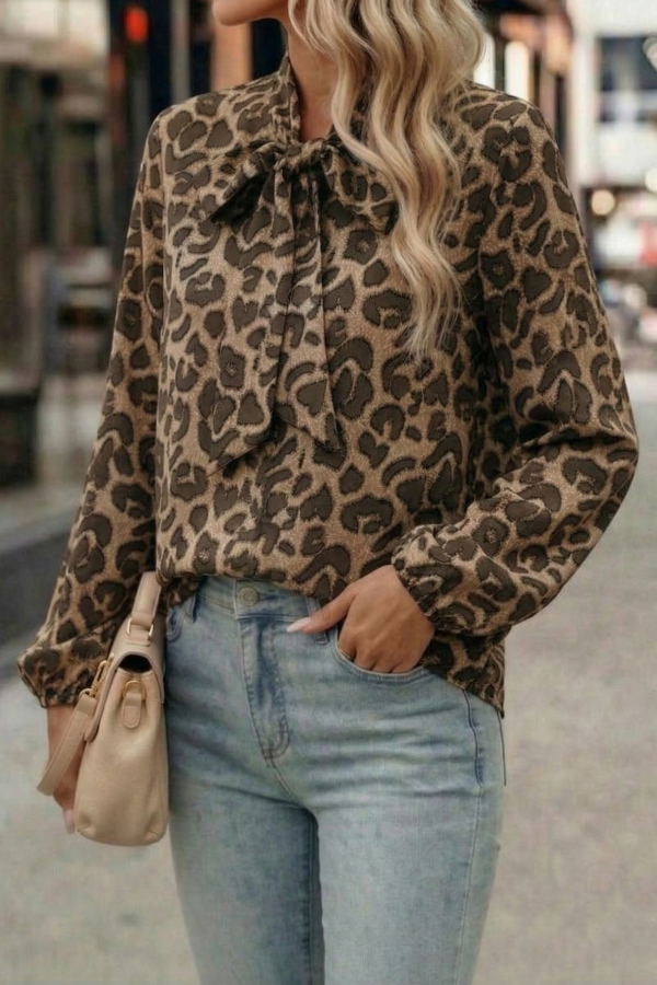 Leopard Print Bow Collar Long-sleeved Loose Shirt-consonak